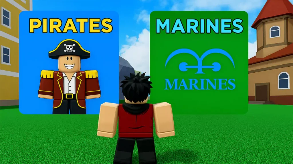 Pirate and Marine characters facing off in Blox Fruits faction selection