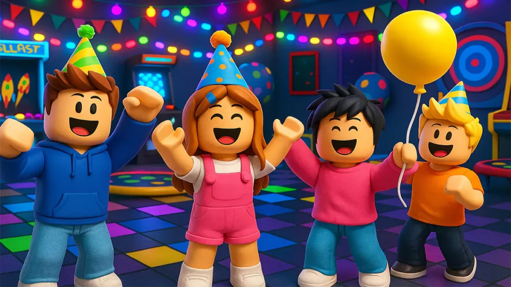 Friends competing in Roblox party-style mini-games