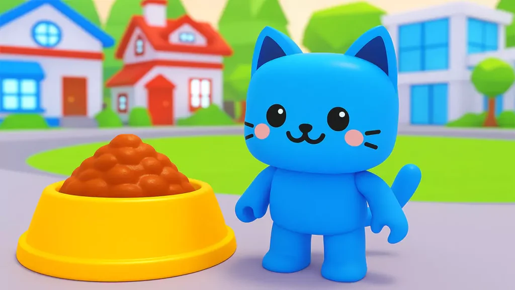 Roblox Adopt Me blue cat pet standing beside a food bowl in a neighborhood