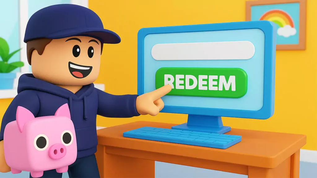 Roblox Adopt Me player with pig pet redeeming a code on computer
