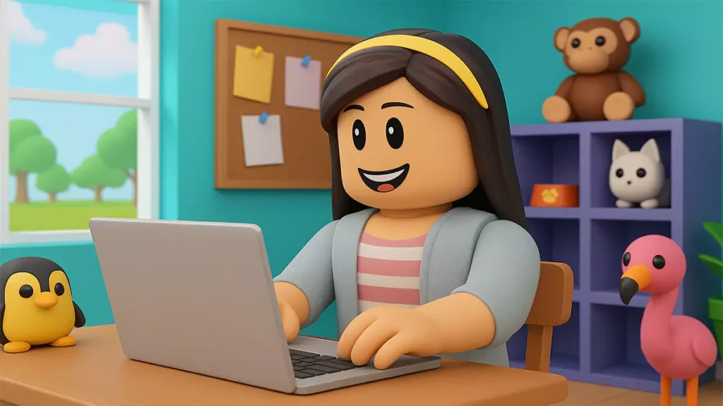 Roblox Adopt Me player using laptop with pets around in a colorful room