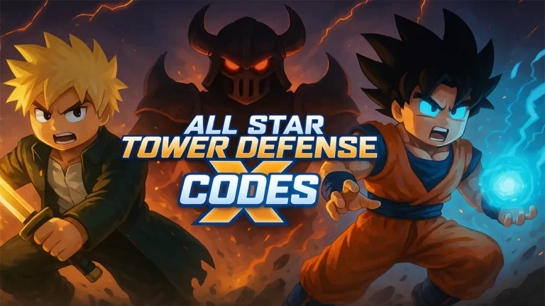 Roblox All Star Tower Defense X heroes battling a dark armored boss with text showing active codes