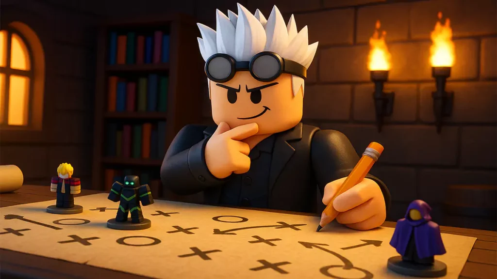 Roblox All Star Tower Defense X strategist planning with figurines on a battle map