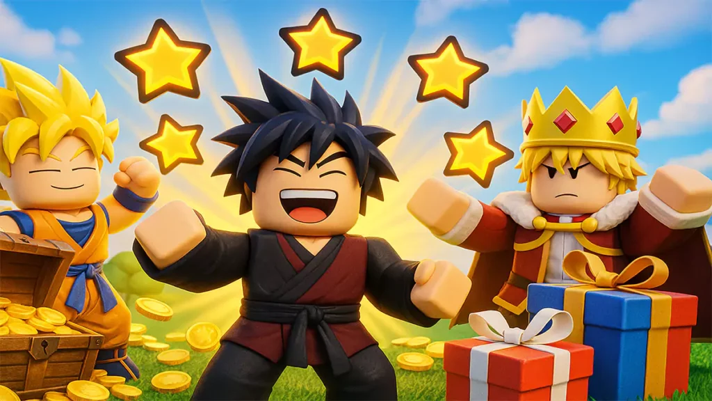 Roblox All Star Tower Defense X players celebrating rewards with stars and treasure