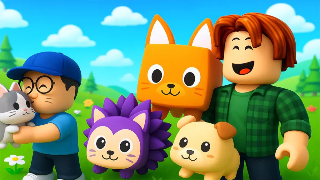 Roblox players holding pets like cats, dogs and hedgehogs in a grassy field