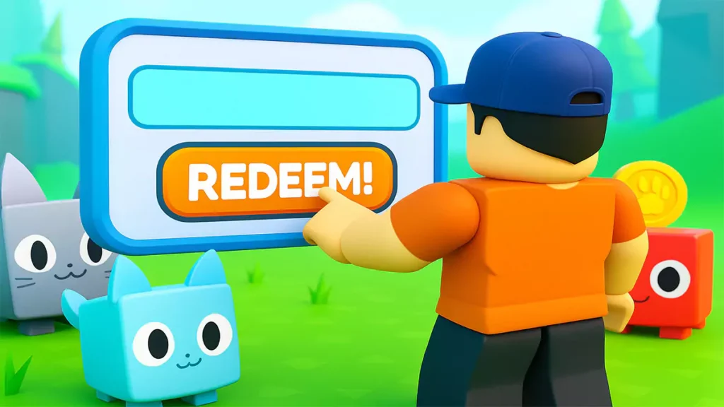 Roblox player tapping redeem button with cube pets nearby