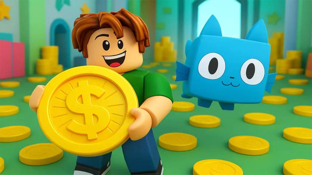 Roblox player holding a giant gold coin with a pet cat inside a treasure room