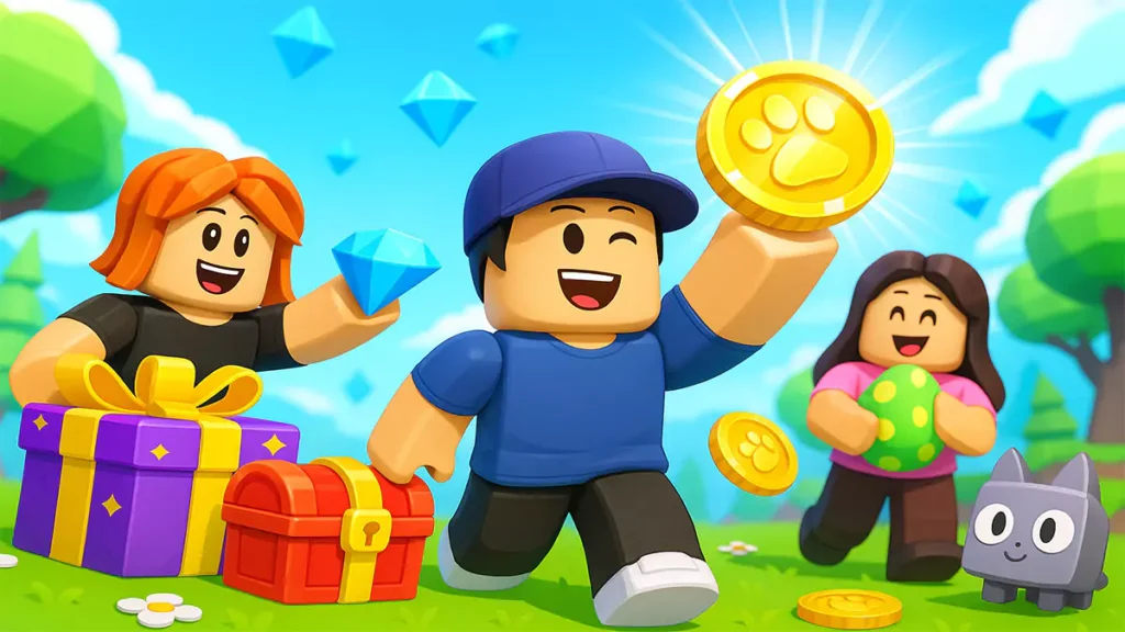Roblox players celebrating with gems, coins and treasure chests in Pet Simulator 99