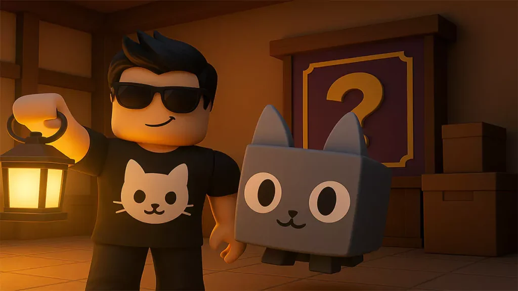 Roblox player in sunglasses exploring a secret shop with a pet cat and mystery sign