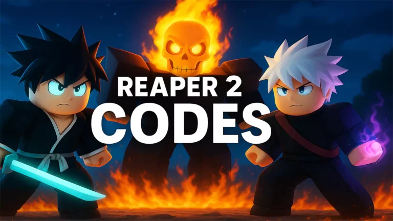Roblox Reaper 2 characters facing a fiery skull boss with text showing Reaper 2 codes