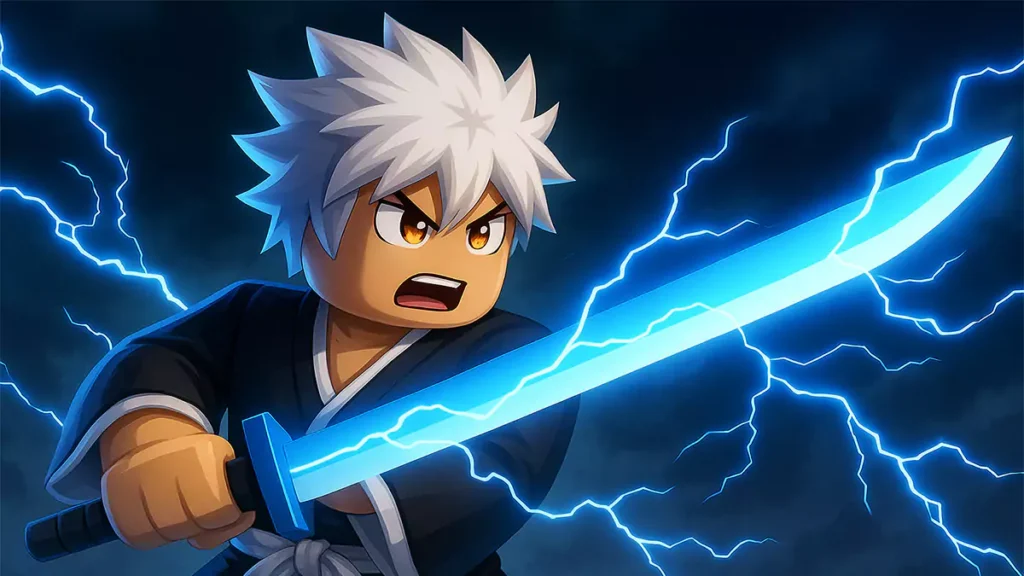 Roblox Reaper 2 warrior summoning lightning with a glowing blue sword