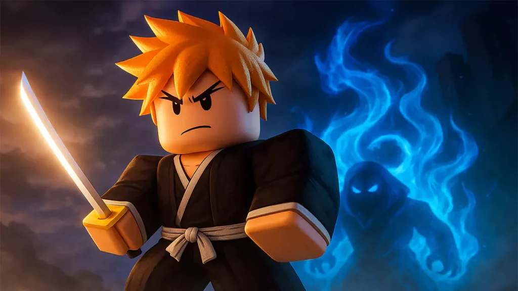 Roblox Reaper 2 hero holding a glowing sword with a spirit behind him