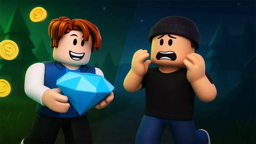 Two Roblox players comparing buying diamonds and waiting for free codes in 99 Nights in the Forest