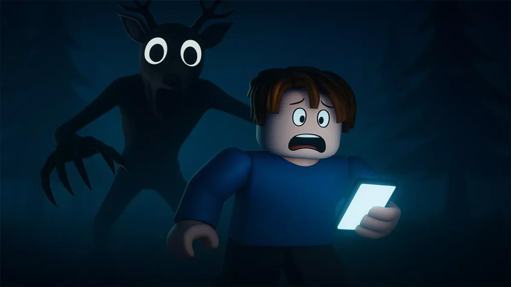Roblox player checking mobile screen in dark forest while monster approaches in 99 Nights in the Forest