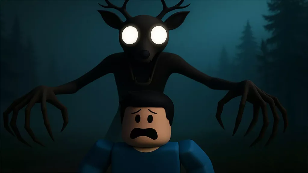 Scary forest monster behind Roblox player representing rarity of 99 Nights in the Forest codes