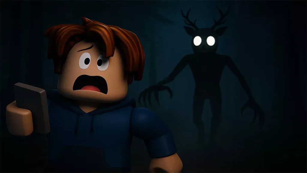 Roblox character using phone while chased by a forest creature in 99 Nights in the Forest game