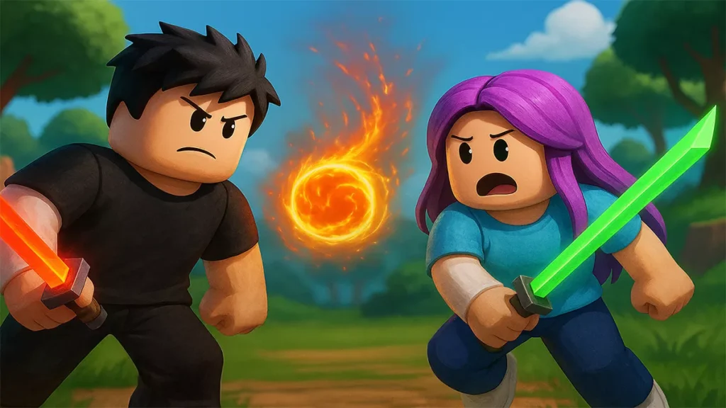 Two Roblox players with red and green swords facing off with a fiery ball between them in Blade Ball