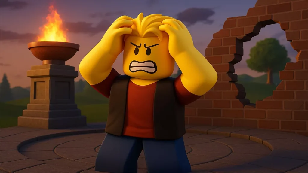 Frustrated Roblox player reacting to Blade Ball issues beside broken wall and torch flame