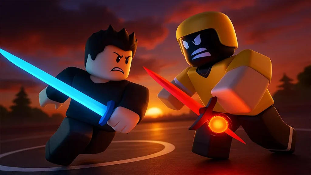 Roblox players holding swords in front of glowing fireball symbol showing how to redeem Blade Ball codes