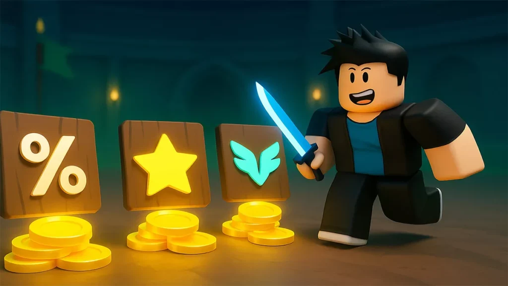 Roblox player choosing between gold, star, and wings rewards in Blade Ball
