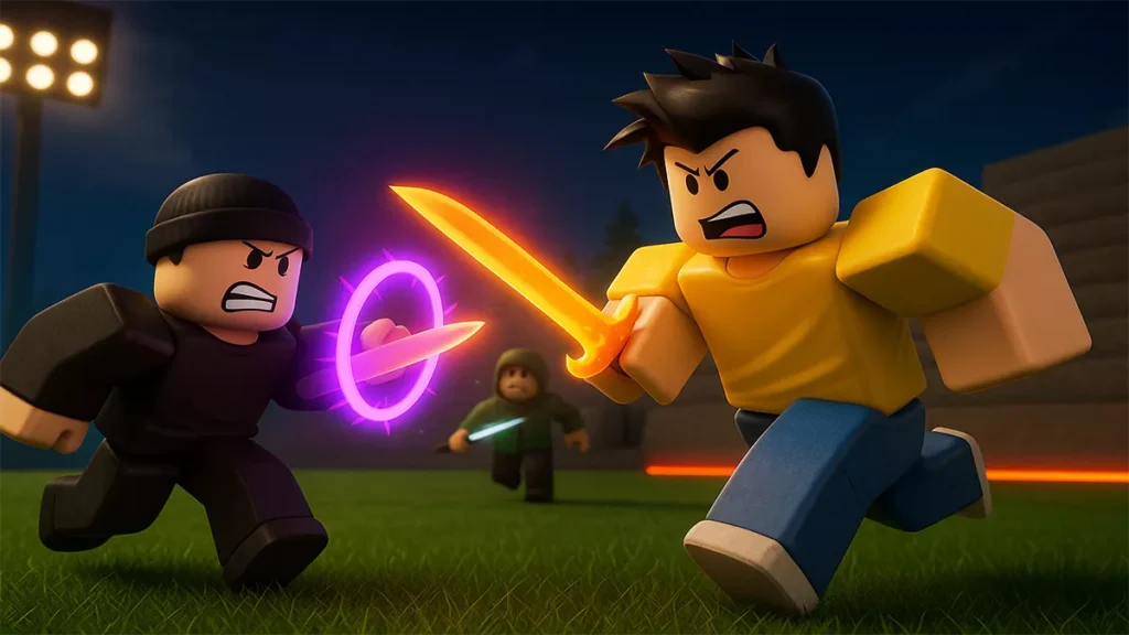Roblox players fighting with glowing swords during intense Blade Ball match at night
