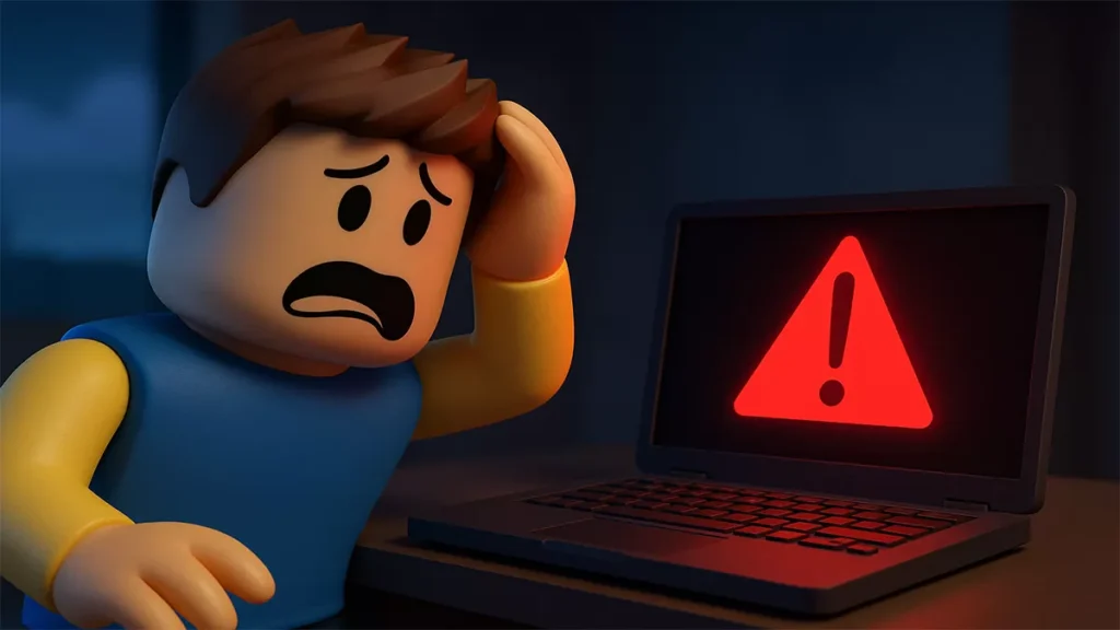 Roblox player staring at laptop with red warning symbol checking if Roblox is down