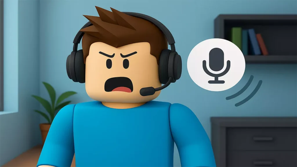 Roblox player using headset and microphone with voice icon representing Roblox Voice Moderation 2.0 system