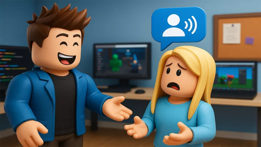 Two Roblox developers discussing new Roblox voice moderation 2.0 update with communication icon